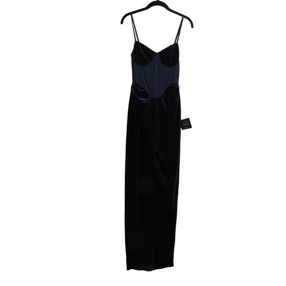 Lulus Women Small Alluring Icon Navy Blue Velvet Bustier Tulip Maxi Dress - Picture 4 of 7